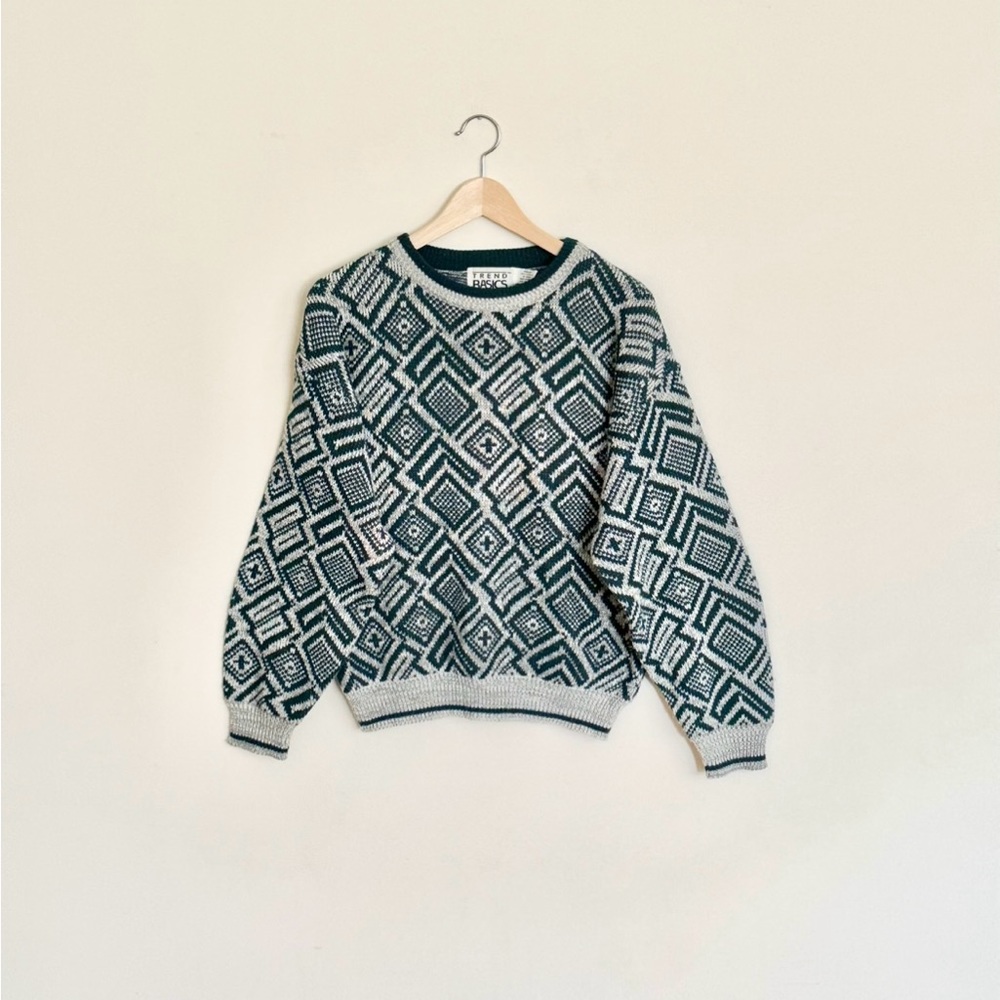 Vintage 90s Trend Basics Patterned Teal Gray Crewneck Sweater Adult size Medium